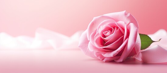 A single pink rose stands out against a pink background, creating a Valentines Day design concept. The flowers delicate petals contrast beautifully with the soft pink hues of the background.
