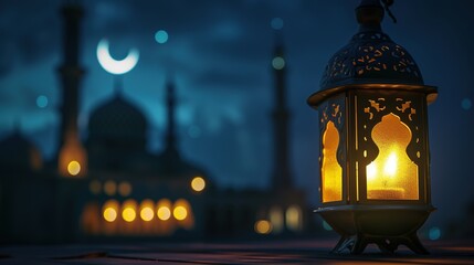 Lantern on crescent moon over mosque background.