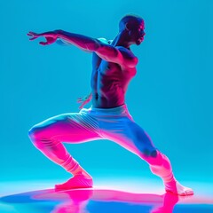 A dynamic shot captures a muscular male dancer showcasing expressive movements, basked in vivid neon lighting, creating a dramatic visual effect