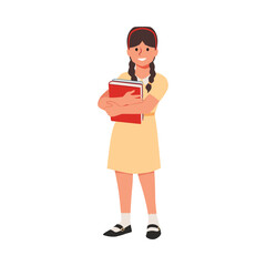 Cute pupil girl with pigtails standing with books in hands, cartoon children education, back to school vector isolated