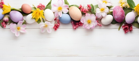 Obraz na płótnie Canvas A lineup of colorful Easter eggs, each uniquely decorated, accompanied by vibrant spring flowers. The arrangement is displayed in a top border fashion against a white wood banner background,