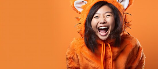 An Asian adult woman wearing a cat costume for Halloween, with her mouth open in laughter. The woman appears happy, standing in front of an orange banner with space for text.