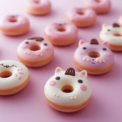 Obraz premium Unicorne donuts with colorful white and pink toppings on a pink background. Food photography. Design for bakery menu, culinary blogs. Banner for recipe website, lifestyle magazine, poster for kitchen.