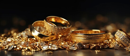 A collection of gold jewelry including rings, chains, bracelets, and earrings arranged on top of a table. The items sparkle in the light, showcasing their beauty and value.