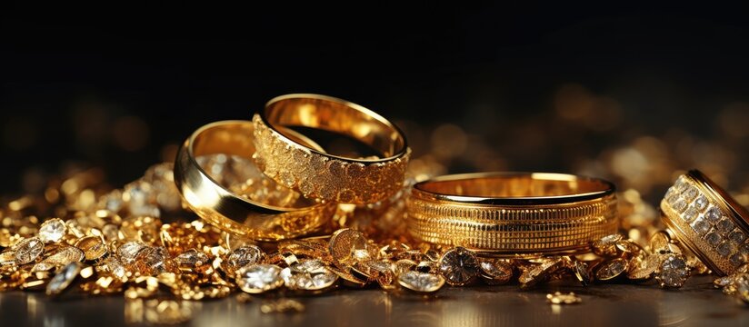 A collection of gold jewelry including rings, chains, bracelets, and earrings arranged on top of a table. The items sparkle in the light, showcasing their beauty and value. - Powered by Adobe