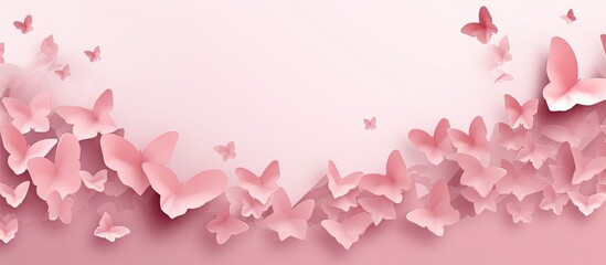 A group of pink butterflies is gracefully flying through the air. Their delicate wings flutter as they move together in unison. The soft pink color stands out against the sky.