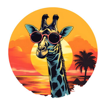 Cool sunset giraffe wearing sunglasses, illustration, retro vintage circle generated by AI.
