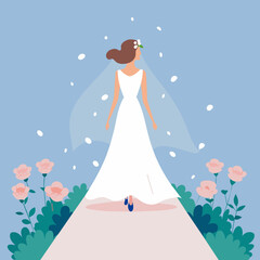 A bride walking down a flower-strewn aisle. vektor illustation