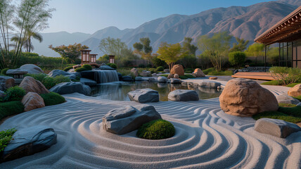 Japanese Zen Garden at Dawn with Tranquil Koi Pond