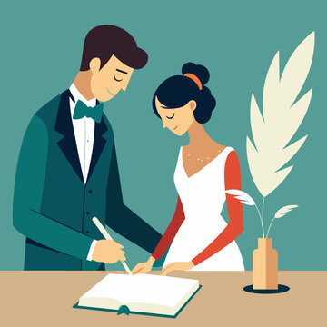 A wedding guest signing the guestbook with a quill pen. vektor illustation
