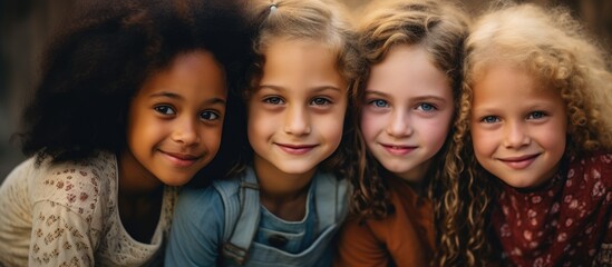 Fototapeta premium A diverse group of young girls standing next to each other, showcasing friendship and innocence as they smile joyfully.