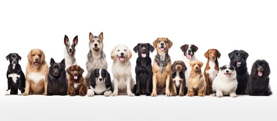 A collage of funny dogs of different breeds sitting next to each other on a white studio background. The dogs are posing in a row, displaying their unique characteristics and personalities.