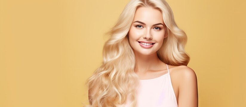 A smiling young woman with long blonde hair standing in front of a bright yellow background. The womans hair appears groomed and healthy, adding to the vibrancy of the image.