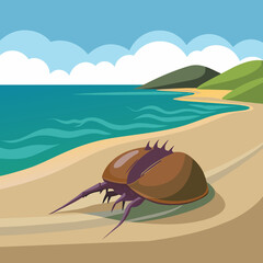A solitary horseshoe crab scuttling along the shoreline. vektor illustation