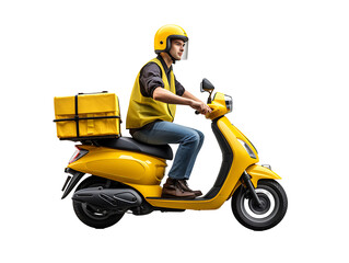 Delivery man driving a scooter on transparent background PNG. Transportation and delivery business concept.