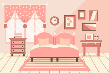 Cozy bedroom. Bedroom interior: bed with pillows, carpet, bedside tables, wardrobe, window. Interior concept. Flat illustration. Vector