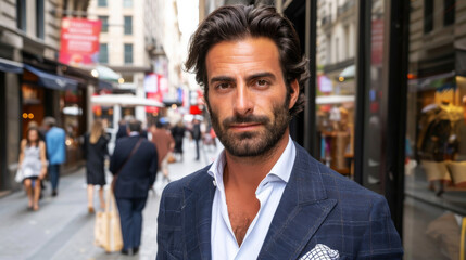 Fototapeta premium Handsome Businessman Outdoor.s Suave man in business attire posing on a busy street.