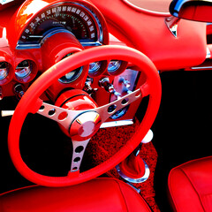 Bright Red Sports Car Interior Steering Wheel