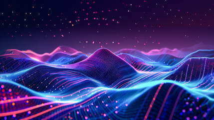 A high-quality digital landscape illuminated by neon lights, symbolizing connectivity in the technology world, vibrant and dynamic