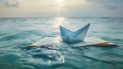 An imaginative scene of a paper boat floating on an open books pages turning into an ocean representing the journey of storytelling and creativity
