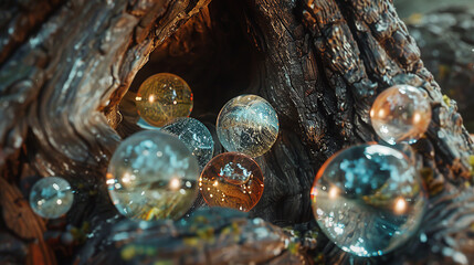 An evocative image of marbles scattered within a hollow tree each reflecting a muted light creating a somber mood akin to a drama films aesthetic