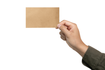 Hand hold blank business card to enter your message isolated on white background. Brown business card