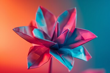 Fototapeta premium An origami flower, intricately folded, set against a vivid neon background, showcasing the arts del
