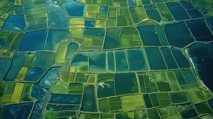 Grid like rice paddies and lakes seen from satellite view. Generative AI.