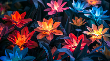Fototapeta na wymiar An origami garden of neon-lit flowers, each petal a masterpiece of folding precision, glowing softly against a high-quality, dark backdrop