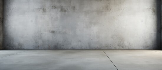 An empty room with a concrete floor and wall. The grey cement surfaces create a stark and industrial atmosphere. The perspective of the rough floor adds depth to the space, suitable for editing,