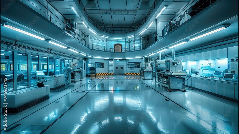 Poster biological laboratory in a large and high underground bunker. generative ai.