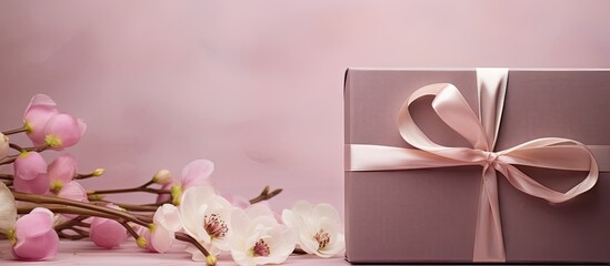 A gift box with a pink ribbon sits on a colorful background, adorned with delicate flowers. This composition is perfect for celebrating International Womens Day.