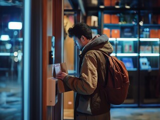 A customer retrieving their package from a designated pickup location with contactless service
