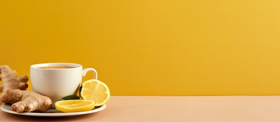 A white cup filled with coffee sits on a saucer next to slices of lemon and ginger. The background is yellow, offering a vibrant contrast to the drink and garnishes. - obrazy, fototapety, plakaty