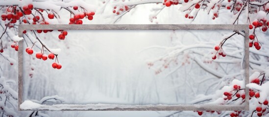 A wooden picture frame sits nestled in snow, adorned by branches with vibrant red berries covered in frost. The contrast between the icy berries and the snowy frame creates a winter wonderland scene.