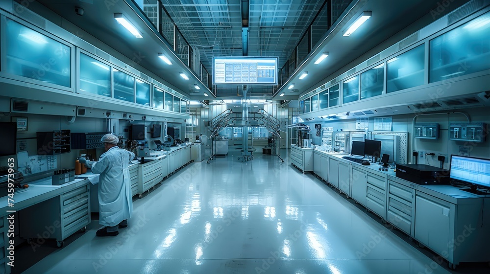 Poster biological laboratory in a large and high underground bunker. generative ai.