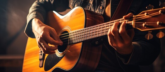 Obraz premium A man is playing an acoustic guitar in a dark room. His hands are strumming the strings, producing music. The scene is focused on the male musician and his music instrument.