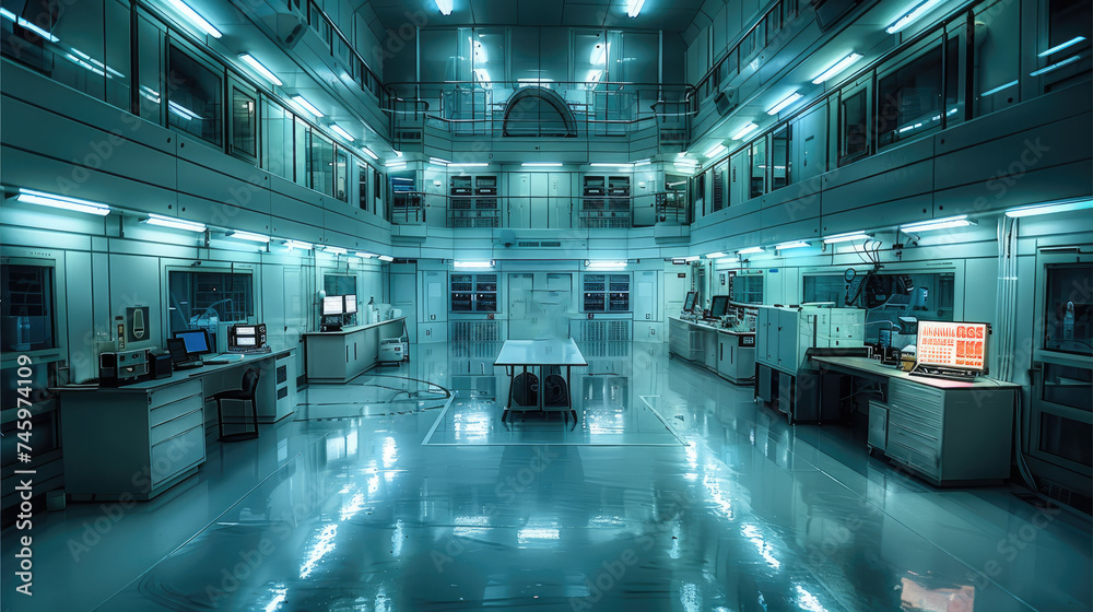 Poster biological laboratory in a large and high underground bunker. generative ai.