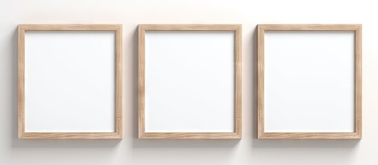 Three square oak wooden frames are suspended on a white wall, ready to display artworks, paintings, or posters. The frames are empty, emphasizing their simple and elegant design.