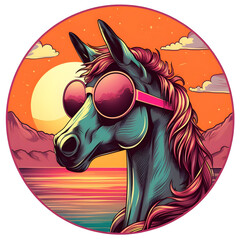 Cool sunset unicorn wearing sunglasses, illustration, retro vintage style generated by AI.