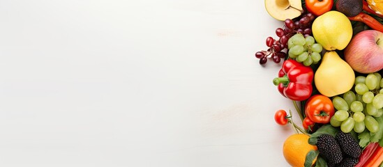 A collection of various fruits and vegetables spilling out of a shopping bag onto a white table. The assortment includes apples, oranges, carrots, lettuce, tomatoes, bananas, bell peppers, and more.