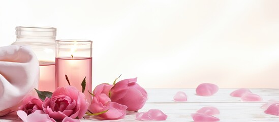 Obraz na płótnie Canvas Pink flowers alongside a candle placed on a white table, creating a spa-like atmosphere. The setting features a soothing blend of aromatherapy 