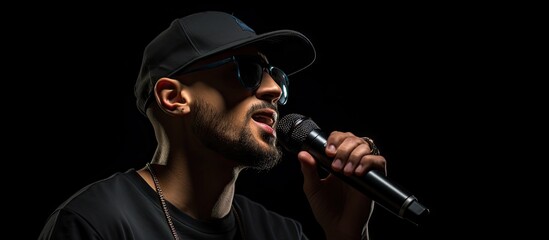 A man in a black hat and sunglasses passionately sings into a microphone on a black background.