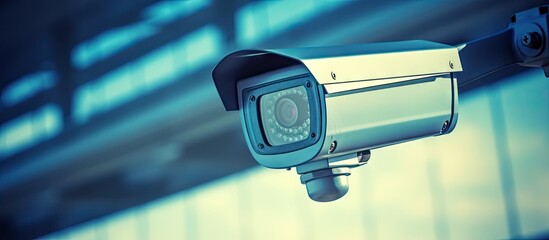 A blue-toned modern industry IP CCTV security camera is attached to a wall, ready to monitor and capture activities in its vicinity. - obrazy, fototapety, plakaty