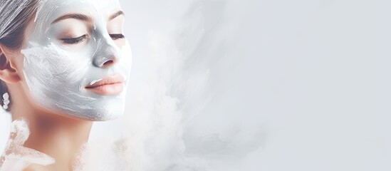 A beautiful woman is shown with a facial mask covering her face. The image showcases a spa treatment where the woman is enhancing her skincare routine.