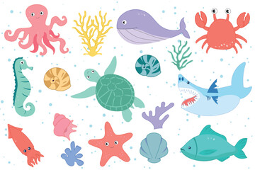 Set of sea animals with hand drawn sea life elements. Cute marine animals and fish isolated on a white background, clipart. Cartoon ocean fish, seahorse, jellyfish, blowfish, starfish, dolphin, turtle