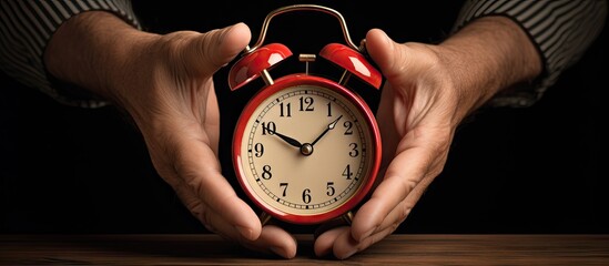 A persons hand is holding a vintage alarm clock with a break time message displayed on its face....