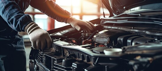 A man with hands-on work is repairing a car engine in a garage setting. He is inspecting, fixing, and maintaining the vehicles machinery with precision and expertise.