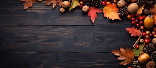 A wooden table is covered with colorful autumn leaves, acorns, nuts, and pine cones. The items are arranged in a corner border over a rustic dark banner background. - Powered by Adobe