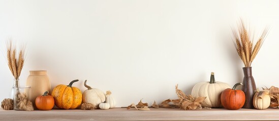 A collection of pumpkins arranged neatly on top of a wooden mantel, creating a festive Thanksgiving decor against a white wall background. 